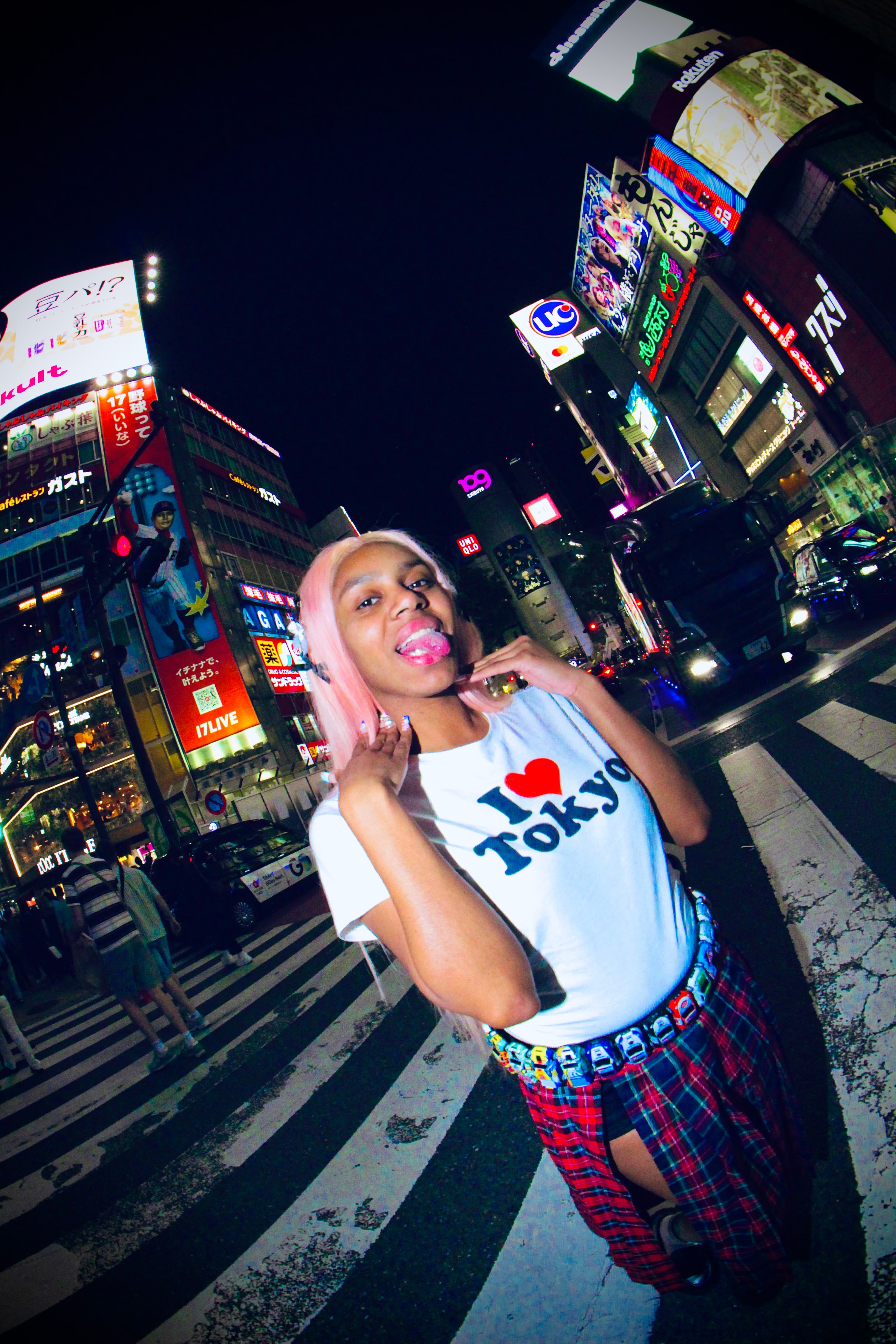 Pink-hair editorial portrait at Shibuya Crossing at night by @ Studio ON